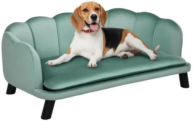 Main image of PawHut Velvet Large Dog Couch with Foam Cushion for Big Dogs Green | Soft and Cute Puppy Sofa Bed, Pearl Design