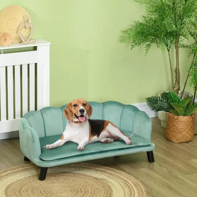 Alt view image 2 of 7 - PawHut Velvet Large Dog Couch with Foam Cushion for Big Dogs Green | Soft and Cute Puppy Sofa Bed, Pearl Design