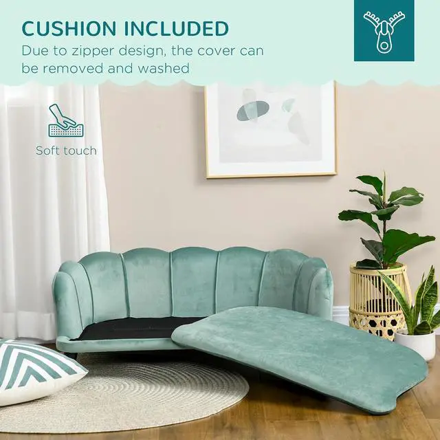 Alt view image 6 of 7 - PawHut Velvet Large Dog Couch with Foam Cushion for Big Dogs Green | Soft and Cute Puppy Sofa Bed, Pearl Design