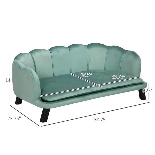 Alt view image 7 of 7 - PawHut Velvet Large Dog Couch with Foam Cushion for Big Dogs Green | Soft and Cute Puppy Sofa Bed, Pearl Design