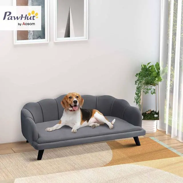 Alt view image 2 of 7 - PawHut Velvet Large Dog Couch with Foam Cushion for Big Dogs Charcoal Gray | Soft and Cute Puppy Sofa Bed, Pearl Design