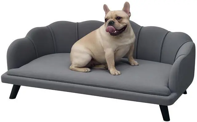 Main image of PawHut Velvet Large Dog Couch with Foam Cushion for Big Dogs Charcoal Gray | Soft and Cute Puppy Sofa Bed, Pearl Design