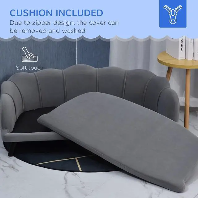 Alt view image 5 of 7 - PawHut Velvet Large Dog Couch with Foam Cushion for Big Dogs Charcoal Gray | Soft and Cute Puppy Sofa Bed, Pearl Design