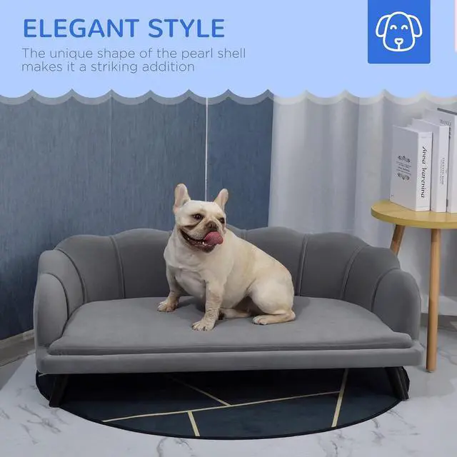 Alt view image 6 of 7 - PawHut Velvet Large Dog Couch with Foam Cushion for Big Dogs Charcoal Gray | Soft and Cute Puppy Sofa Bed, Pearl Design
