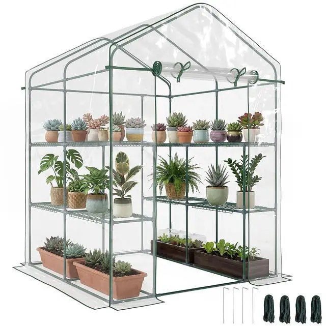 Main image of 5' x 5' x 6' Mini Walk-in Greenhouse Kit with 3 Tier Shelves Clear | Portable Green House, Roll-Up Door, Weatherized Plastic Cover, Backyard Garden