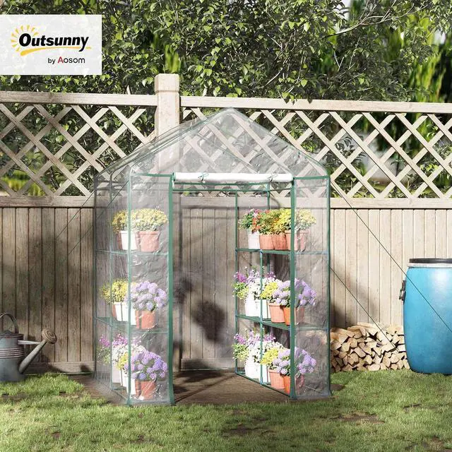 Alt view image 2 of 7 - 5' x 5' x 6' Mini Walk-in Greenhouse Kit with 3 Tier Shelves Clear | Portable Green House, Roll-Up Door, Weatherized Plastic Cover, Backyard Garden