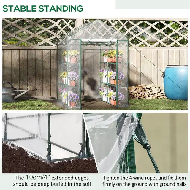Alt view image 4 of 7 - 5' x 5' x 6' Mini Walk-in Greenhouse Kit with 3 Tier Shelves Clear | Portable Green House, Roll-Up Door, Weatherized Plastic Cover, Backyard Garden