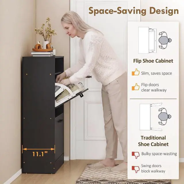 Alt view image 5 of 7 - Shoe Cabinet with 2 Flip Drawers, Open Shelf, up to 12 Pairs, Black | Narrow Storage Cabinet, Adjustable Dividers, Entryway Shoe Storage Unit, for Hallway
