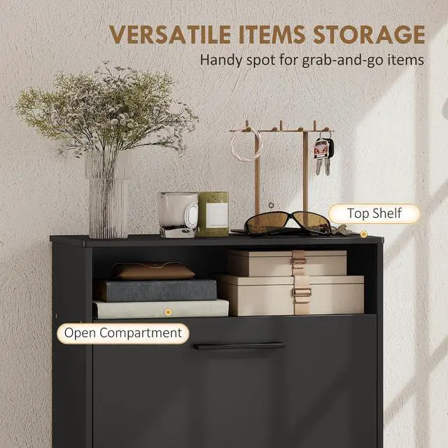 Alt view image 6 of 7 - Shoe Cabinet with 2 Flip Drawers, Open Shelf, up to 12 Pairs, Black | Narrow Storage Cabinet, Adjustable Dividers, Entryway Shoe Storage Unit, for Hallway