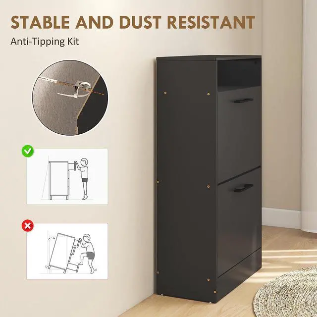 Alt view image 7 of 7 - Shoe Cabinet with 2 Flip Drawers, Open Shelf, up to 12 Pairs, Black | Narrow Storage Cabinet, Adjustable Dividers, Entryway Shoe Storage Unit, for Hallway