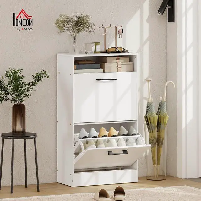 Alt view image 2 of 7 - Shoe Cabinet with 2 Flip Drawers, Open Shelf, up to 12 Pairs, White | Narrow Storage Cabinet, Adjustable Dividers, Entryway Shoe Storage Unit, for Hallway
