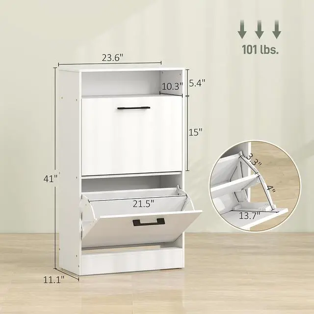 Alt view image 3 of 7 - Shoe Cabinet with 2 Flip Drawers, Open Shelf, up to 12 Pairs, White | Narrow Storage Cabinet, Adjustable Dividers, Entryway Shoe Storage Unit, for Hallway