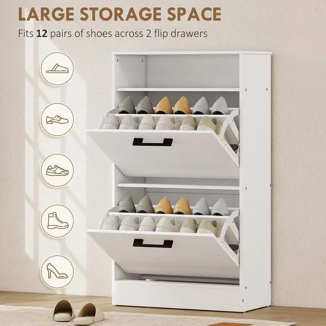 Alt view image 4 of 7 - Shoe Cabinet with 2 Flip Drawers, Open Shelf, up to 12 Pairs, White | Narrow Storage Cabinet, Adjustable Dividers, Entryway Shoe Storage Unit, for Hallway
