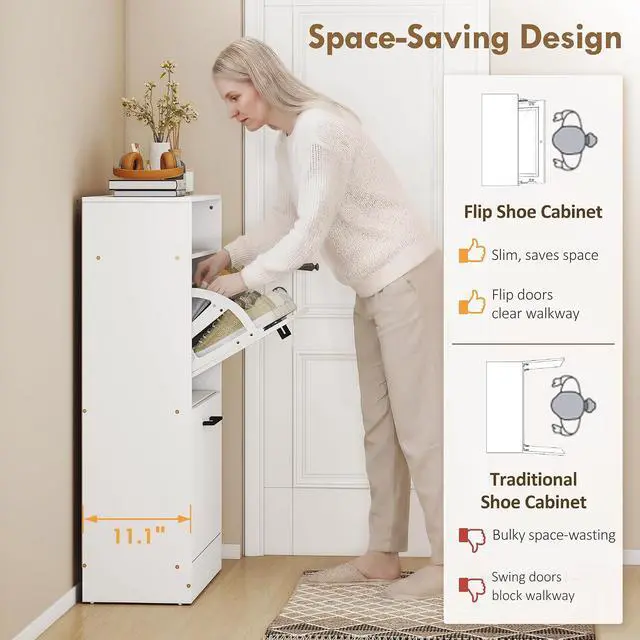 Alt view image 5 of 7 - Shoe Cabinet with 2 Flip Drawers, Open Shelf, up to 12 Pairs, White | Narrow Storage Cabinet, Adjustable Dividers, Entryway Shoe Storage Unit, for Hallway