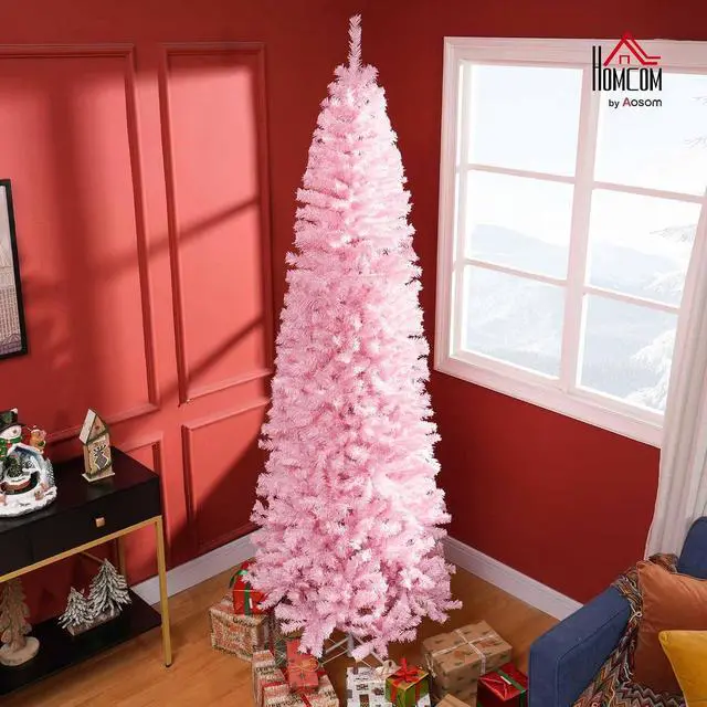 Alt view image 2 of 7 - 8ft Douglas Fir Pencil Christmas Tree, Slim Artificial Christmas Tree with 1168 Branch Tips and Metal Stand, Skinny Hinged Xmas Tree for Home Party Holiday Decoration, Pink