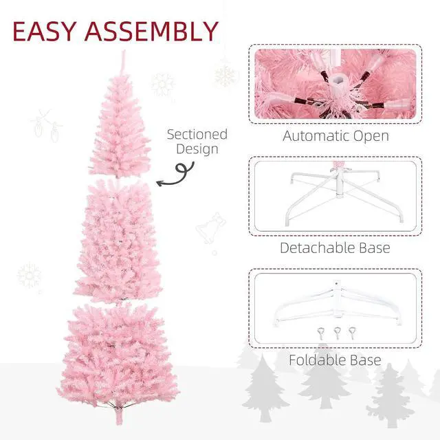 Alt view image 5 of 7 - 8ft Douglas Fir Pencil Christmas Tree, Slim Artificial Christmas Tree with 1168 Branch Tips and Metal Stand, Skinny Hinged Xmas Tree for Home Party Holiday Decoration, Pink