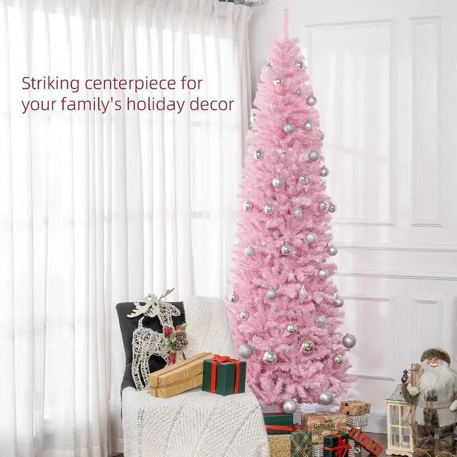 Alt view image 3 of 7 - 8ft Douglas Fir Pencil Christmas Tree, Slim Artificial Christmas Tree with 1168 Branch Tips and Metal Stand, Skinny Hinged Xmas Tree for Home Party Holiday Decoration, Pink