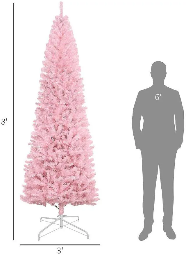 Alt view image 7 of 7 - 8ft Douglas Fir Pencil Christmas Tree, Slim Artificial Christmas Tree with 1168 Branch Tips and Metal Stand, Skinny Hinged Xmas Tree for Home Party Holiday Decoration, Pink