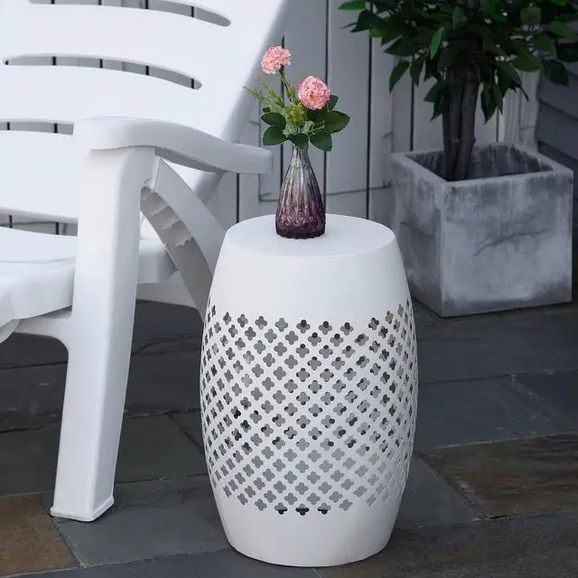 Alt view image 2 of 7 - 12" Steel Outdoor Side Table Round Hollow Drum Patio End White | Indoor Use, Black