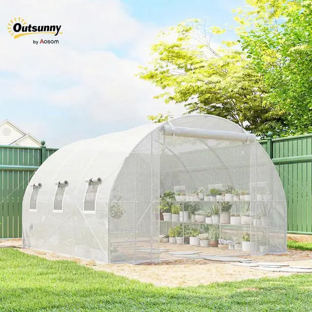 Alt view image 2 of 7 - 10'x11'x6' Walk-in Tunnel Greenhouse Hoop House Mesh Door White | Shelves, Windows, PE Cover, Patio Lawn Garden Outdoor