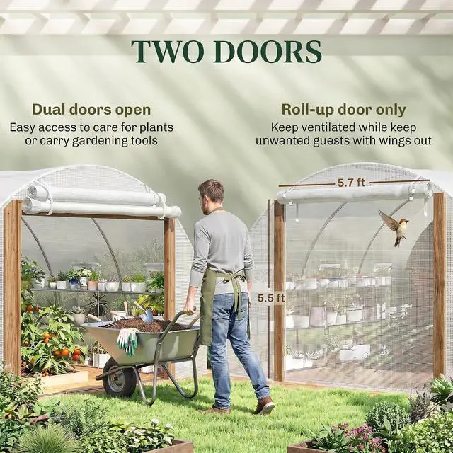 Alt view image 6 of 7 - 10'x11'x6' Walk-in Tunnel Greenhouse Hoop House Mesh Door White | Shelves, Windows, PE Cover, Patio Lawn Garden Outdoor