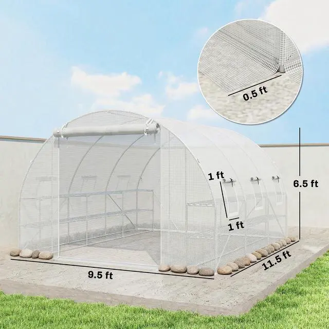 Alt view image 7 of 7 - 10'x11'x6' Walk-in Tunnel Greenhouse Hoop House Mesh Door White | Shelves, Windows, PE Cover, Patio Lawn Garden Outdoor