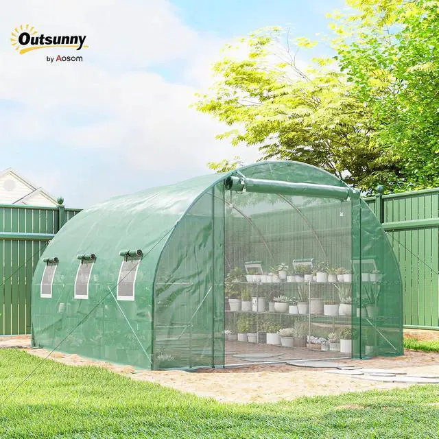 Alt view image 2 of 7 - 10'x11'x6' Walk-in Tunnel Greenhouse Hoop House Mesh Door Green | Shelves, Windows, PE Cover, Patio Lawn Garden Outdoor