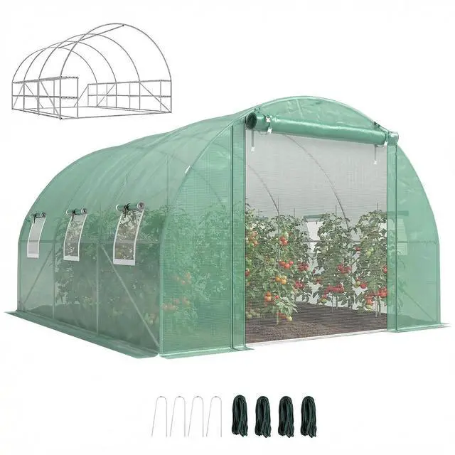 Main image of 10'x11'x6' Walk-in Tunnel Greenhouse Hoop House Mesh Door Green | Shelves, Windows, PE Cover, Patio Lawn Garden Outdoor