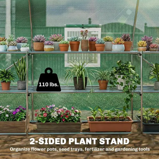 Alt view image 3 of 7 - 10'x11'x6' Walk-in Tunnel Greenhouse Hoop House Mesh Door Green | Shelves, Windows, PE Cover, Patio Lawn Garden Outdoor