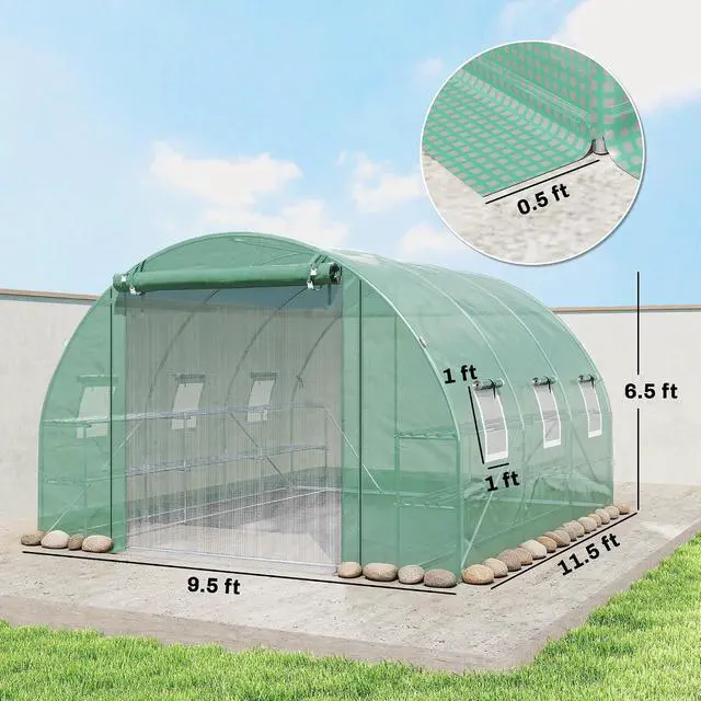 Alt view image 7 of 7 - 10'x11'x6' Walk-in Tunnel Greenhouse Hoop House Mesh Door Green | Shelves, Windows, PE Cover, Patio Lawn Garden Outdoor