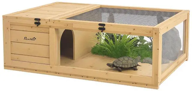 Main image of PawHut Wooden Tortoise House Indoor Turtle Habitat Enclosure Outdoor Reptile Cage for Lizards, Geckos, Yellow | Outdoor Reptile Cage, for Lizards, Geckos
