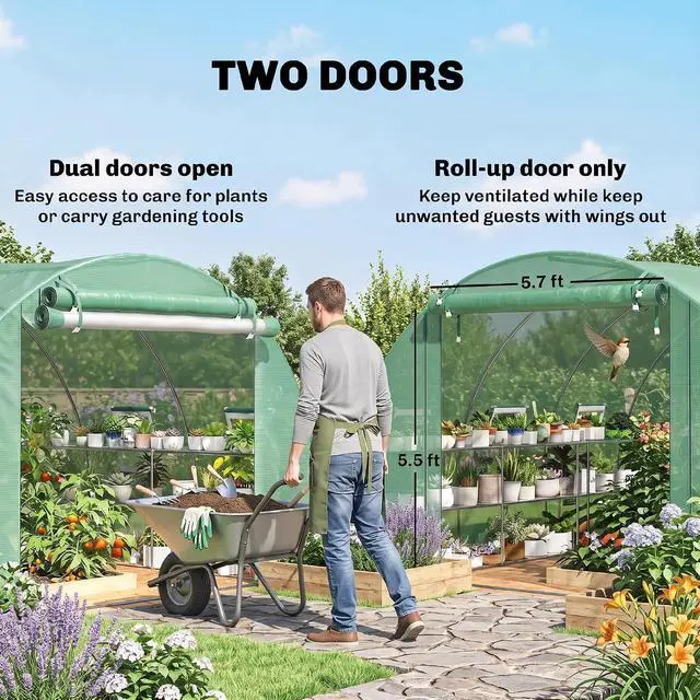 Alt view image 6 of 7 - 10'x11'x6' Walk-in Tunnel Greenhouse Hoop House Mesh Door Green | Shelves, Windows, PE Cover, Patio Lawn Garden Outdoor