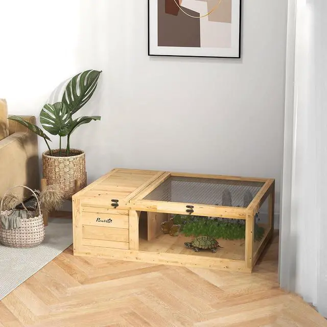 Alt view image 2 of 7 - PawHut Wooden Tortoise House Indoor Turtle Habitat Enclosure Outdoor Reptile Cage for Lizards, Geckos, Yellow | Outdoor Reptile Cage, for Lizards, Geckos