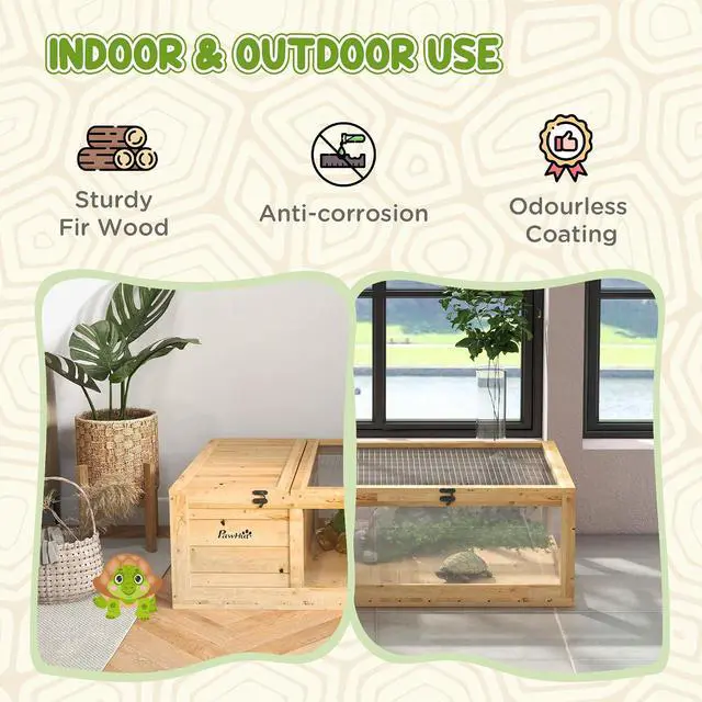 Alt view image 3 of 7 - PawHut Wooden Tortoise House Indoor Turtle Habitat Enclosure Outdoor Reptile Cage for Lizards, Geckos, Yellow | Outdoor Reptile Cage, for Lizards, Geckos