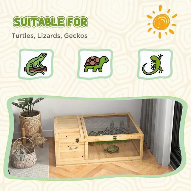 Alt view image 6 of 7 - PawHut Wooden Tortoise House Indoor Turtle Habitat Enclosure Outdoor Reptile Cage for Lizards, Geckos, Yellow | Outdoor Reptile Cage, for Lizards, Geckos