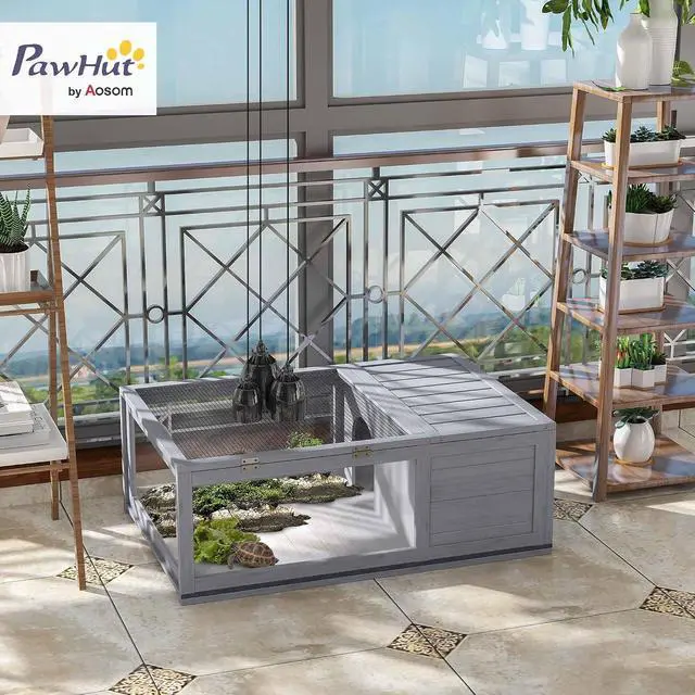 Alt view image 2 of 7 - PawHut Wooden Tortoise Habitat Indoor Tortoise House Enclosure Gray | Outdoor Reptile Cage, for Lizards, Geckos