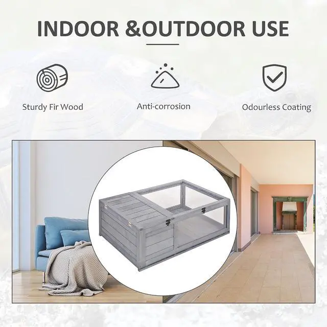 Alt view image 3 of 7 - PawHut Wooden Tortoise Habitat Indoor Tortoise House Enclosure Gray | Outdoor Reptile Cage, for Lizards, Geckos