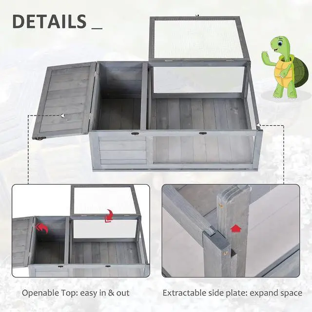 Alt view image 4 of 7 - PawHut Wooden Tortoise Habitat Indoor Tortoise House Enclosure Gray | Outdoor Reptile Cage, for Lizards, Geckos