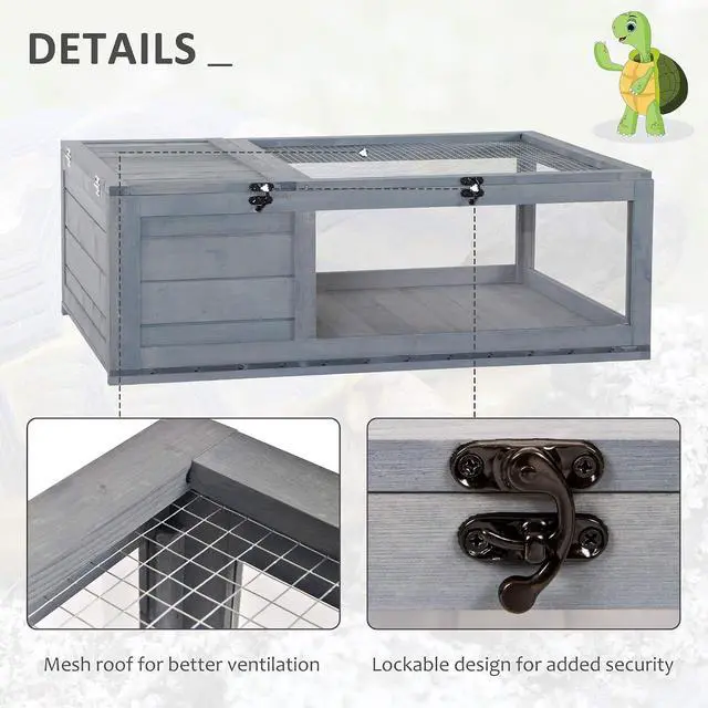 Alt view image 5 of 7 - PawHut Wooden Tortoise Habitat Indoor Tortoise House Enclosure Gray | Outdoor Reptile Cage, for Lizards, Geckos