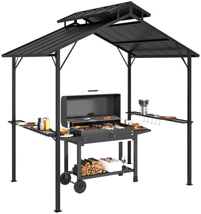 Main image of 8' x 5' Hardtop Grill Gazebo Double Metal Roof, 2 Side Shelves | BBQ Gazebo, 10 Hooks, Grill Canopy, Patio Backyard Lawn Deck