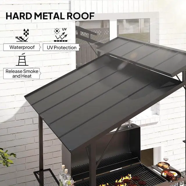 Alt view image 3 of 7 - 8' x 5' Hardtop Grill Gazebo Double Metal Roof, 2 Side Shelves | BBQ Gazebo, 10 Hooks, Grill Canopy, Patio Backyard Lawn Deck
