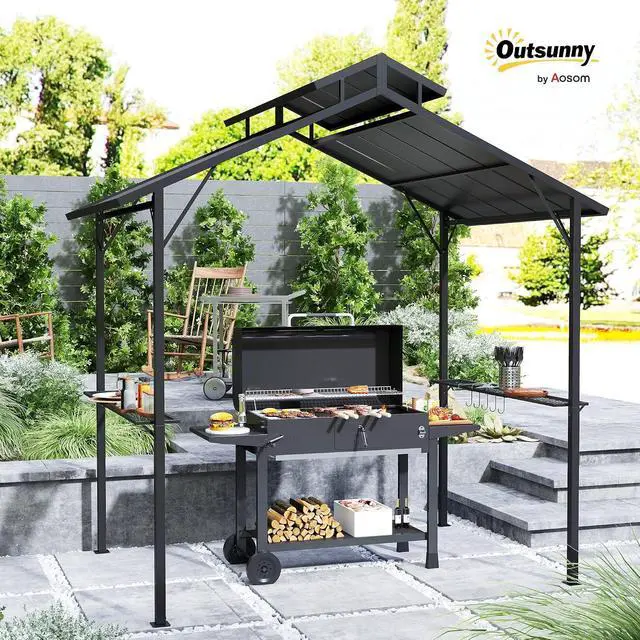 Alt view image 2 of 7 - 8' x 5' Hardtop Grill Gazebo Double Metal Roof, 2 Side Shelves | BBQ Gazebo, 10 Hooks, Grill Canopy, Patio Backyard Lawn Deck