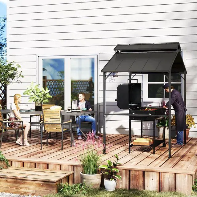 Alt view image 6 of 7 - 8' x 5' Hardtop Grill Gazebo Double Metal Roof, 2 Side Shelves | BBQ Gazebo, 10 Hooks, Grill Canopy, Patio Backyard Lawn Deck