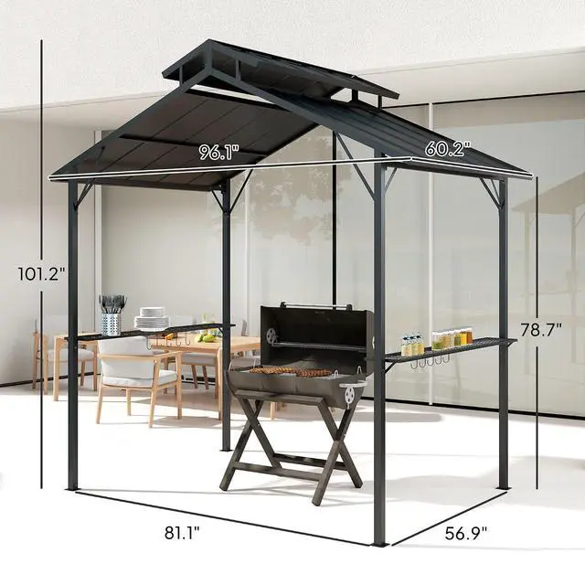 Alt view image 7 of 7 - 8' x 5' Hardtop Grill Gazebo Double Metal Roof, 2 Side Shelves | BBQ Gazebo, 10 Hooks, Grill Canopy, Patio Backyard Lawn Deck