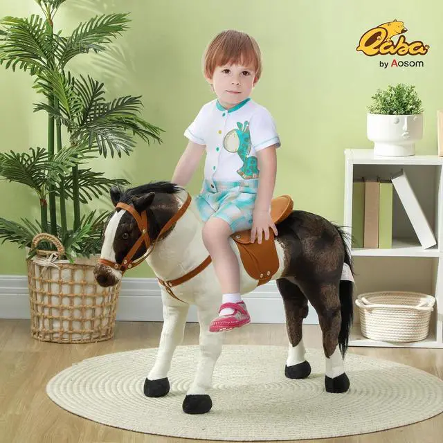Alt view image 2 of 7 - Qaba Ride on Horse with Neighing Sound for Toddlers 3-8 Years Old Brown | Stuffed Animal Horse Toy, for Kids, Padding
