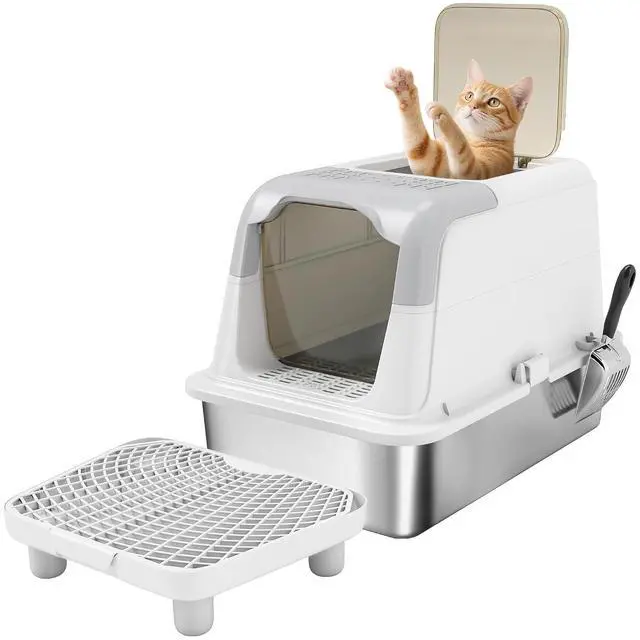 Main image of PawHut Stainless Steel Litter Box, Extra Large Enclosed Cat Litter Box | Front-Entry and Top-Exit, Scoop, Deodorizer Bag, Sand Drop Pedal, Anti-Urine Leakage, Non-Sticky and Easy to Clean