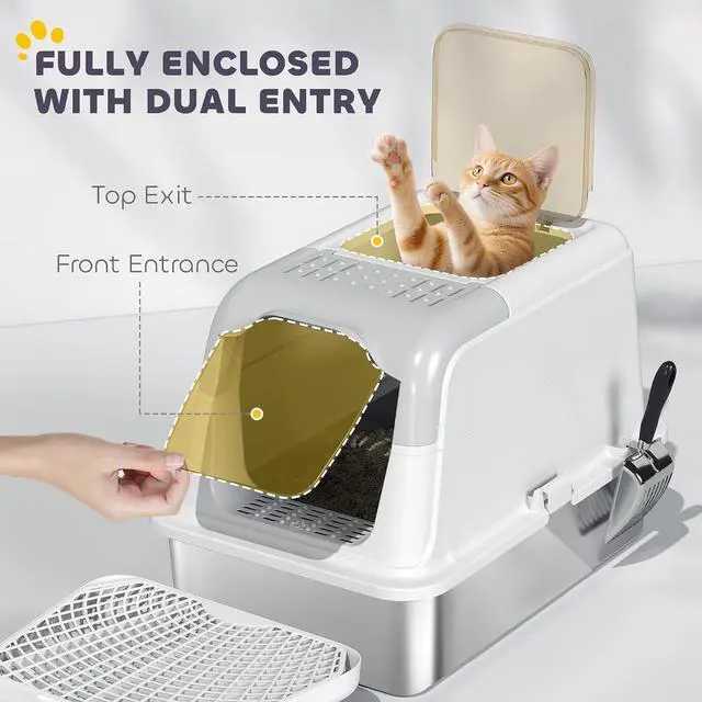 Alt view image 4 of 7 - PawHut Stainless Steel Litter Box, Extra Large Enclosed Cat Litter Box | Front-Entry and Top-Exit, Scoop, Deodorizer Bag, Sand Drop Pedal, Anti-Urine Leakage, Non-Sticky and Easy to Clean