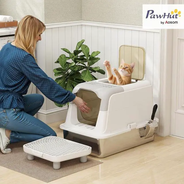 Alt view image 2 of 7 - PawHut Stainless Steel Litter Box, Extra Large Enclosed Cat Litter Box | Front-Entry and Top-Exit, Scoop, Deodorizer Bag, Sand Drop Pedal, Anti-Urine Leakage, Non-Sticky and Easy to Clean