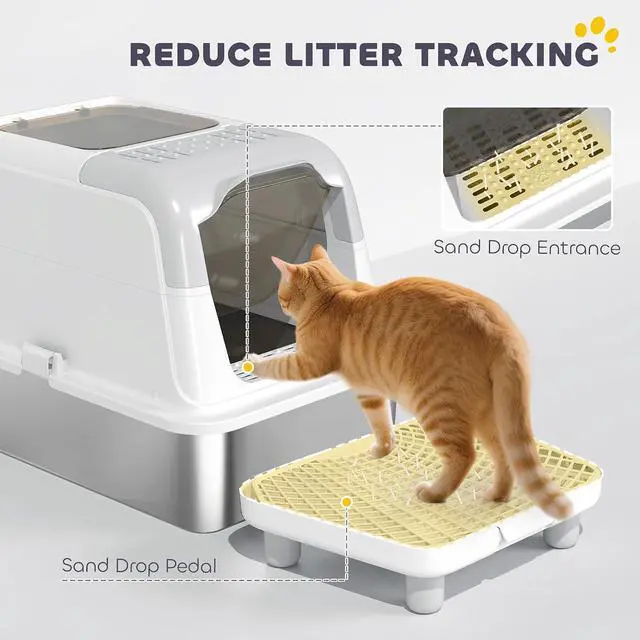Alt view image 5 of 7 - PawHut Stainless Steel Litter Box, Extra Large Enclosed Cat Litter Box | Front-Entry and Top-Exit, Scoop, Deodorizer Bag, Sand Drop Pedal, Anti-Urine Leakage, Non-Sticky and Easy to Clean
