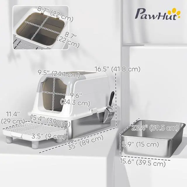 Alt view image 7 of 7 - PawHut Stainless Steel Litter Box, Extra Large Enclosed Cat Litter Box | Front-Entry and Top-Exit, Scoop, Deodorizer Bag, Sand Drop Pedal, Anti-Urine Leakage, Non-Sticky and Easy to Clean